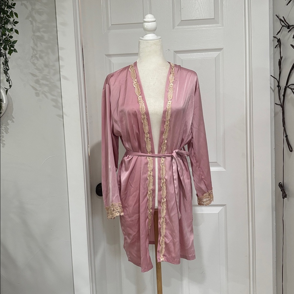 Pink Lace Trim Satin Robe